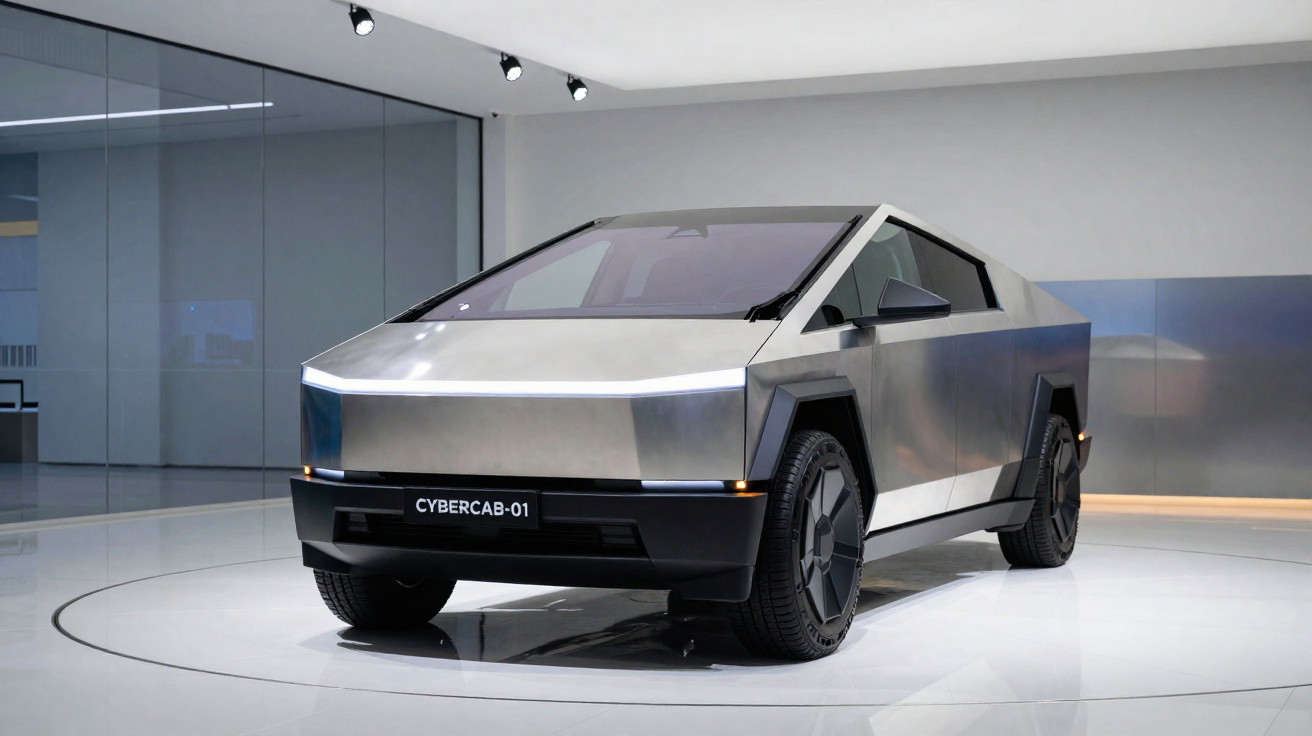Carro elétrico futurista Tesla Cybercab-01 com design angular prateado em exposição interna.