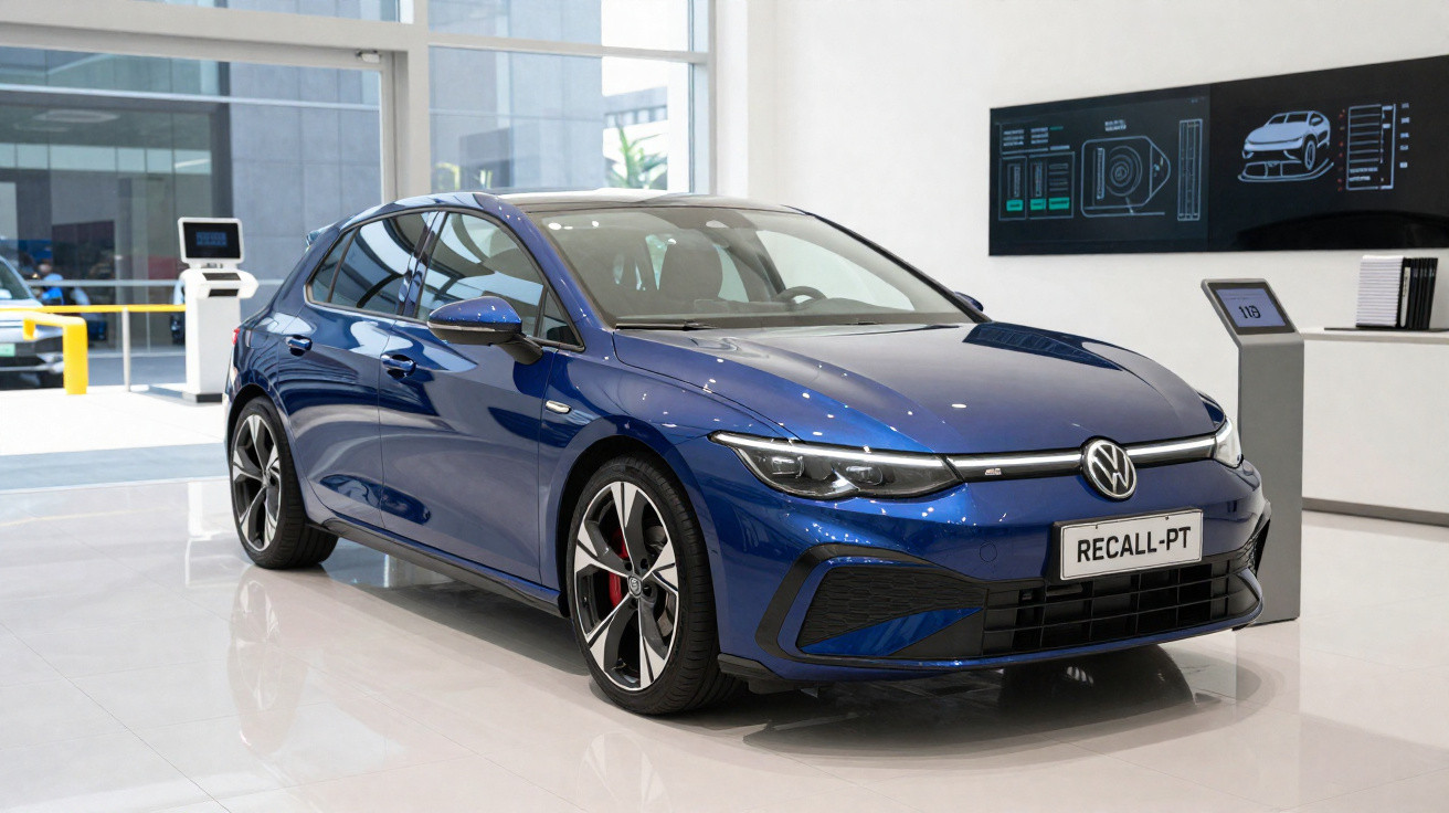 Carro azul Volkswagen elétrico exposto em showroom moderno com piso branco e paredes claras.
