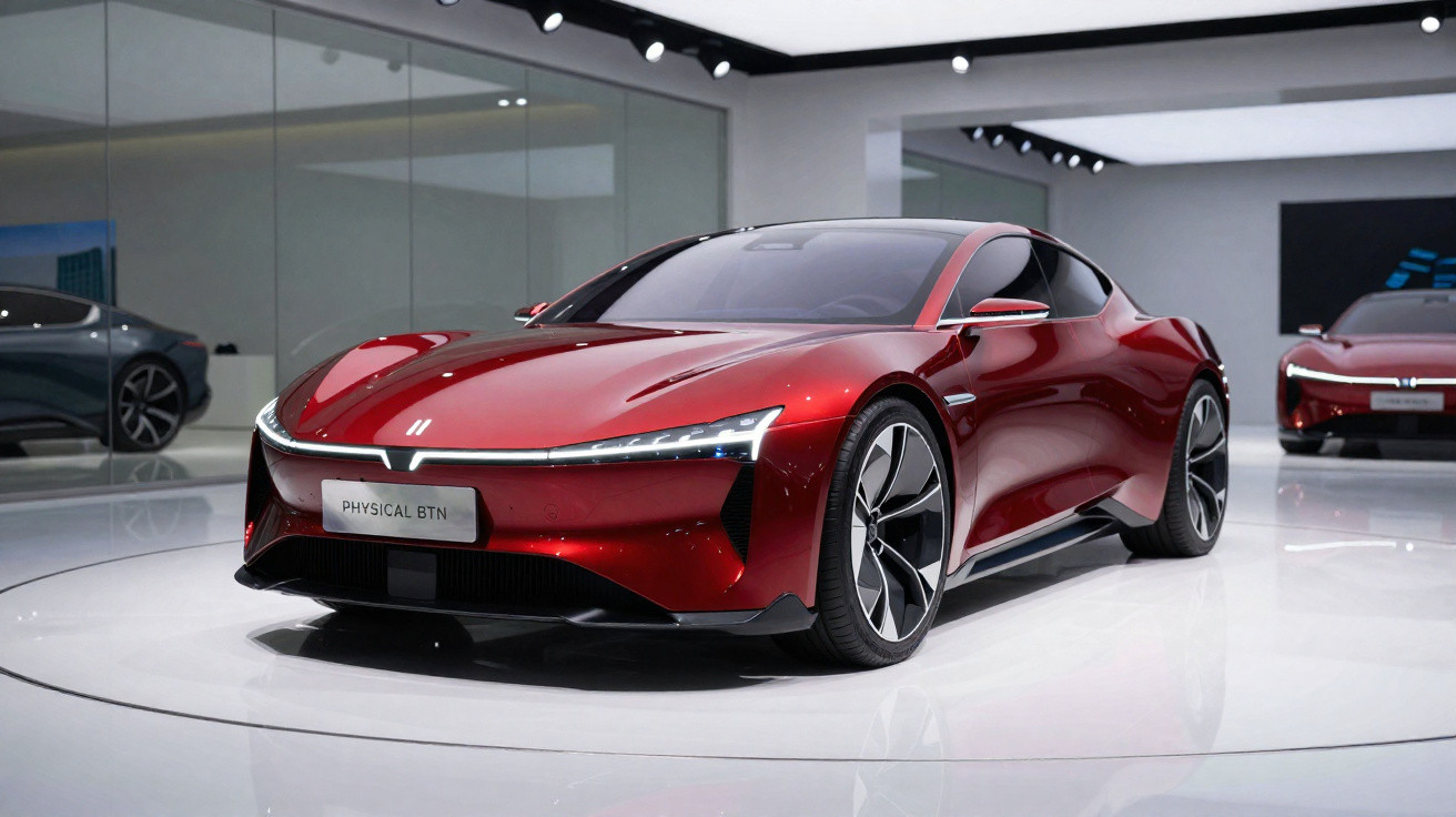 Carro esportivo vermelho brilhante exposto em ambiente moderno com iluminação branca e piso reflectivo.