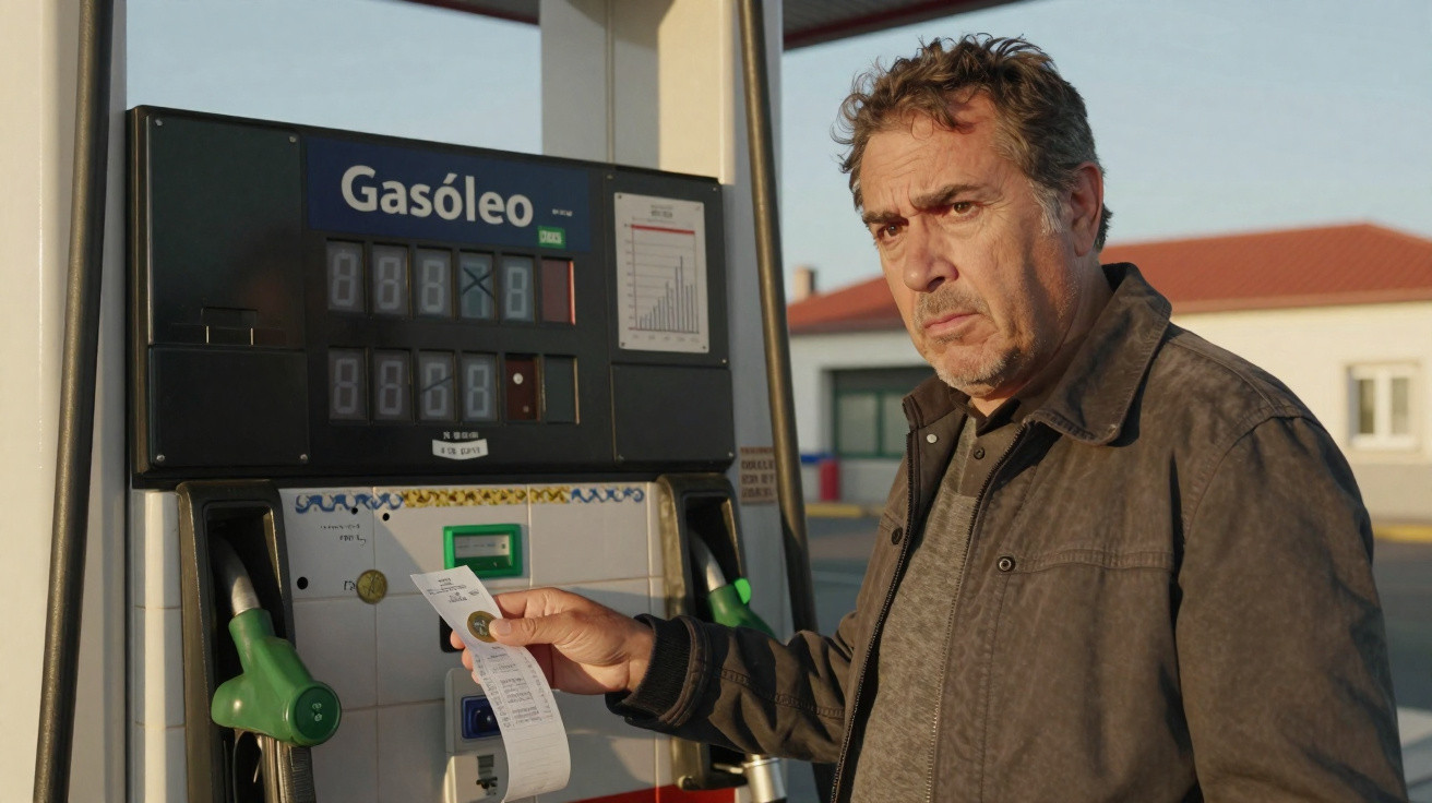 Homem com expressão preocupada segurando recibo na bomba de combustível de gasóleo em posto de gasolina.