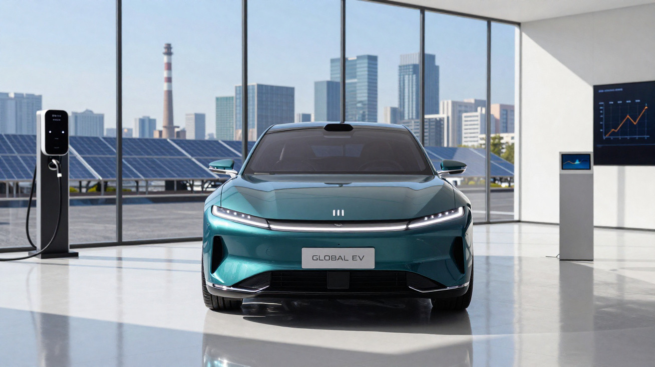 Carro elétrico azul em showroom moderno com telas digitais, estação de carregamento e prédios ao fundo.