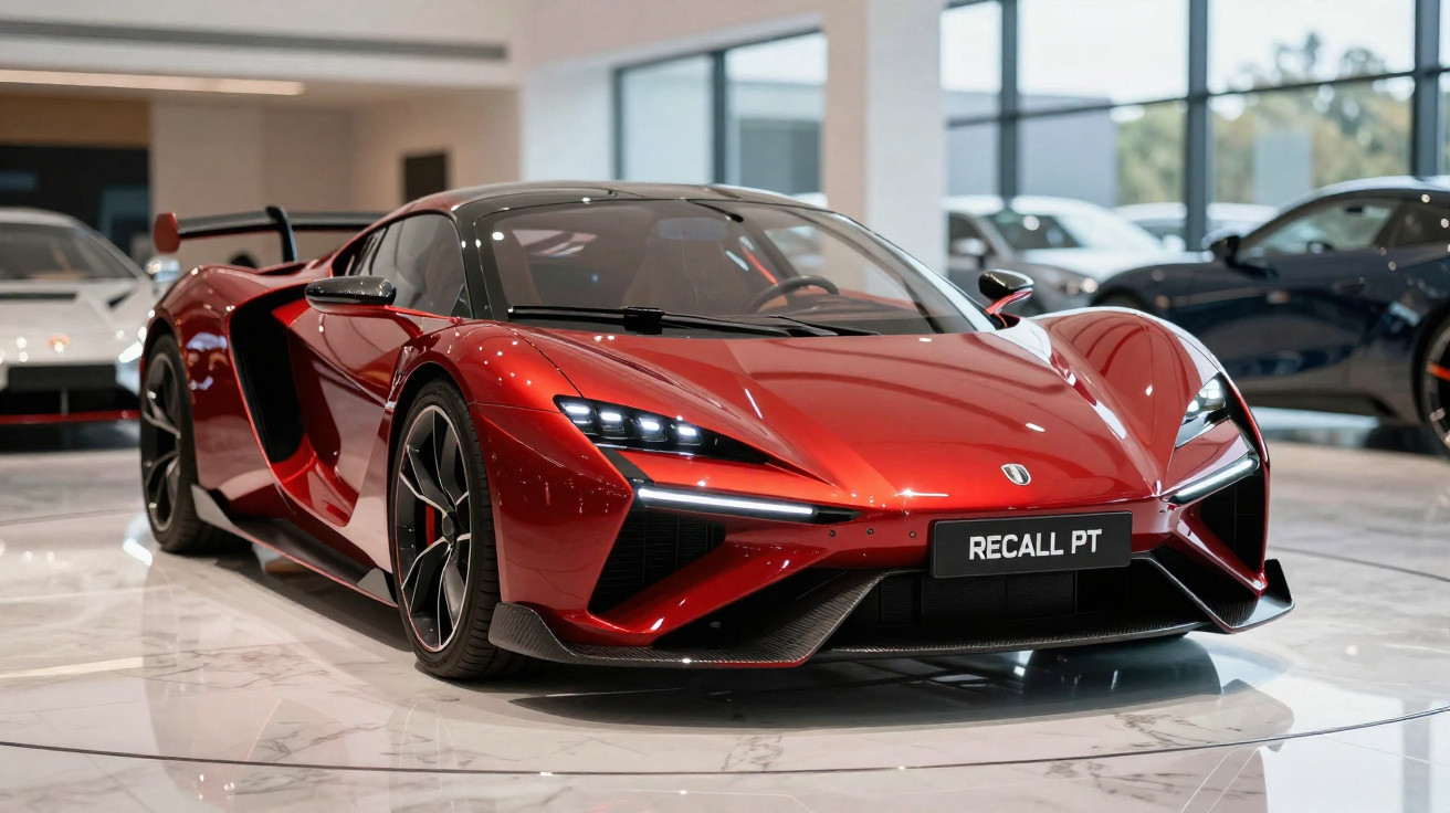 Carro esportivo vermelho brilhante com design aerodinâmico em showroom com piso branco.