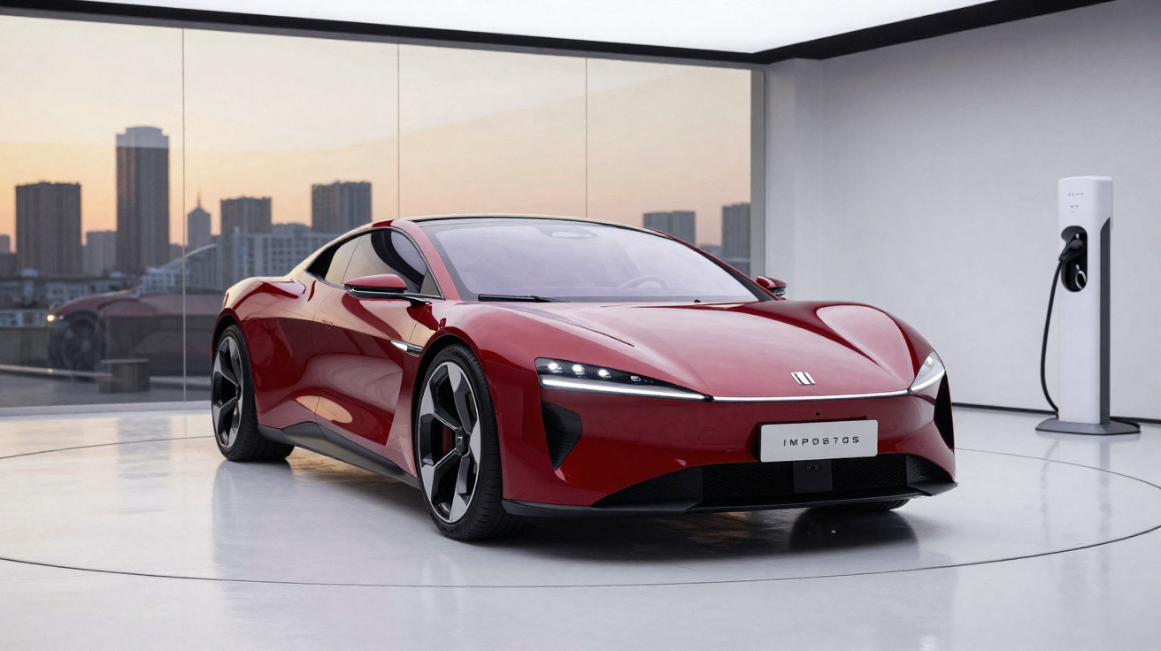 Carro esportivo vermelho elétrico sendo carregado em estação em ambiente moderno com vista urbana ao fundo.