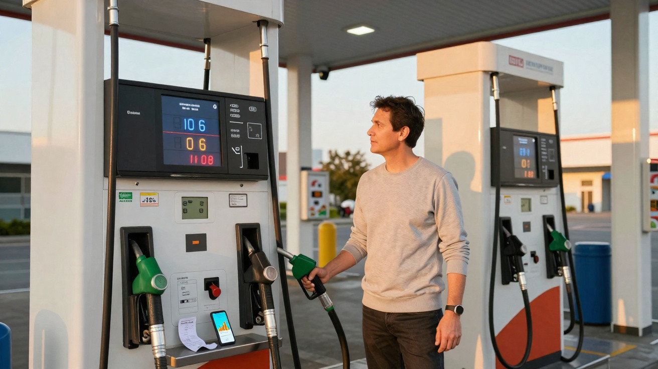 Homem abastecendo veículo em posto de combustível moderno ao entardecer.