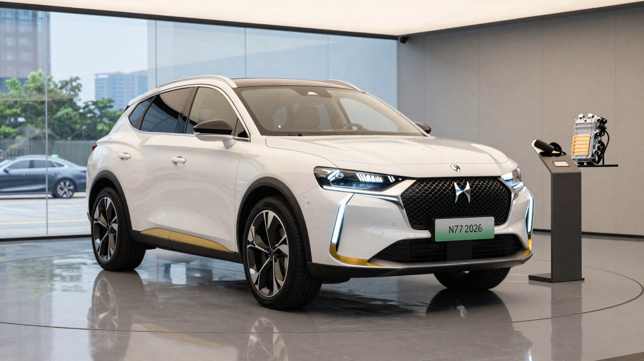 Carro SUV elétrico branco exposto em showroom com vidro panorâmico ao fundo e motor exposto em pedestal.