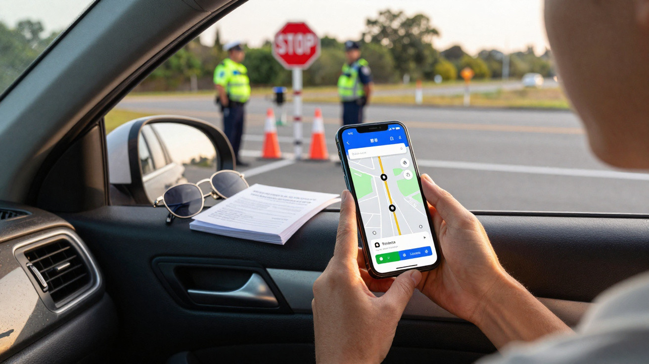Pessoa no carro segurando celular com aplicativo de navegação, enquanto policiais bloqueiam a via com cone e placa de pare.