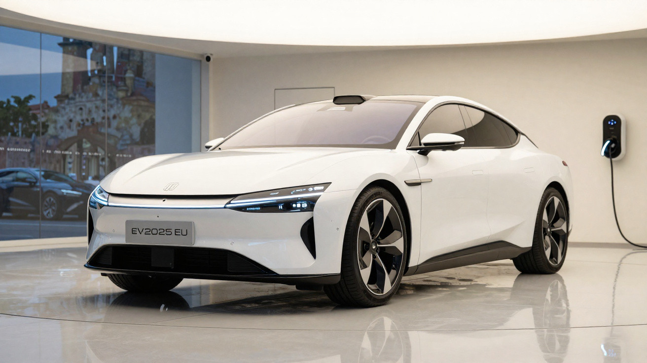 Carro elétrico branco moderno estacionado em ambiente interno, conectado a carregador na parede.