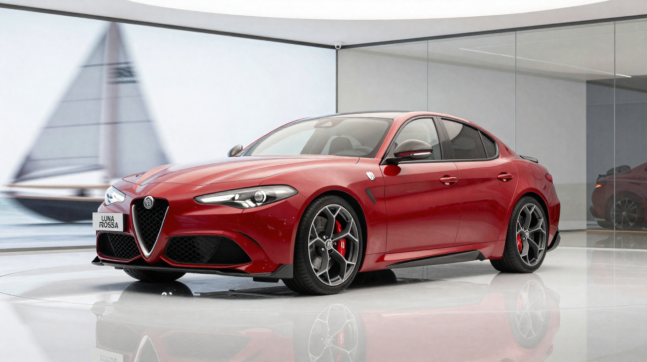 Carro esportivo sedã Alfa Romeo vermelho em showroom com parede espelhada e vela ao fundo.