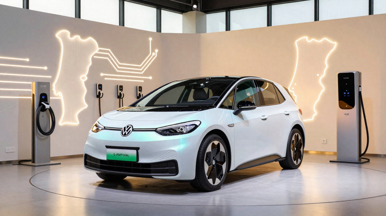 Carro elétrico branco Volkswagen ID.3 em exposição com pontos de recarga e mapas iluminados ao fundo.