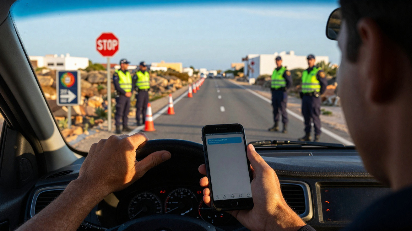 Motorista olhando para o celular durante abordagem policial em blitz na estrada em dia claro.