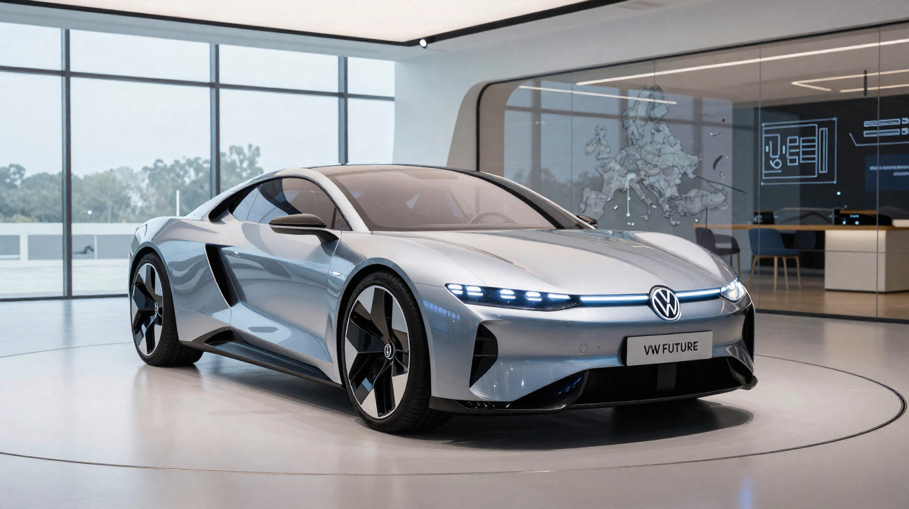 Carro esportivo elétrico VW FUTURE prateado em display moderno com luzes LED acesas.