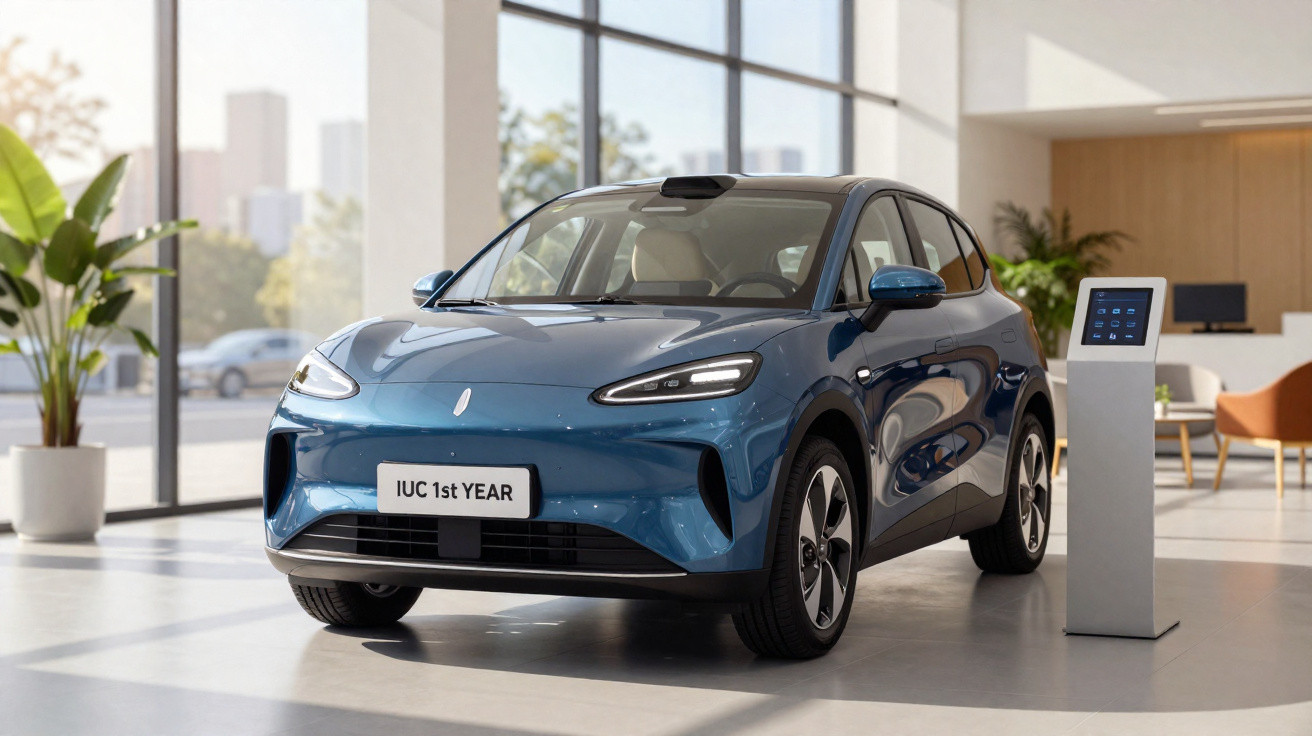 Carro elétrico azul exibido em showroom moderno com grande janela e plantas decorativas.