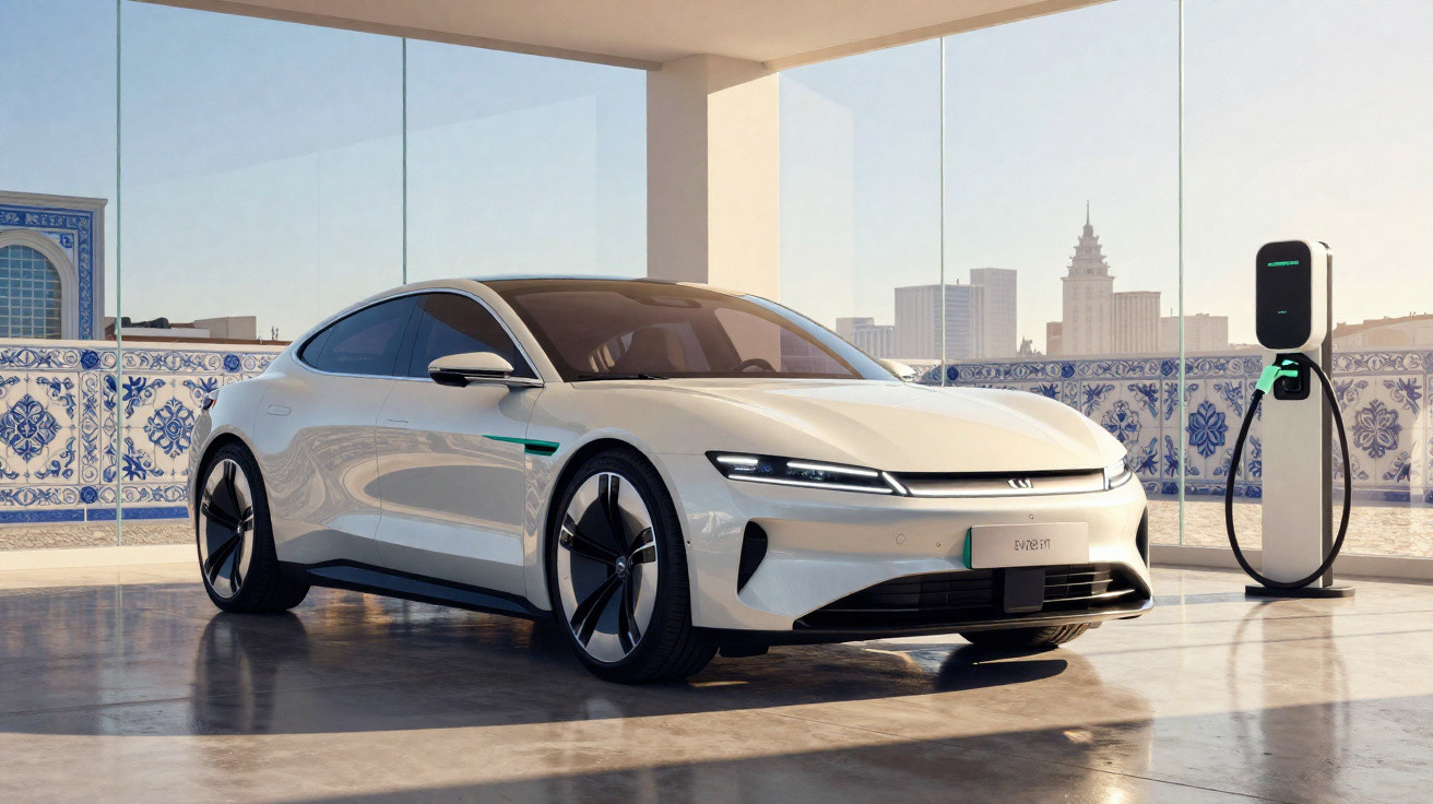 Carro elétrico branco estacionado em garagem com parede de vidro e painel de azulejos azuis decorativos.