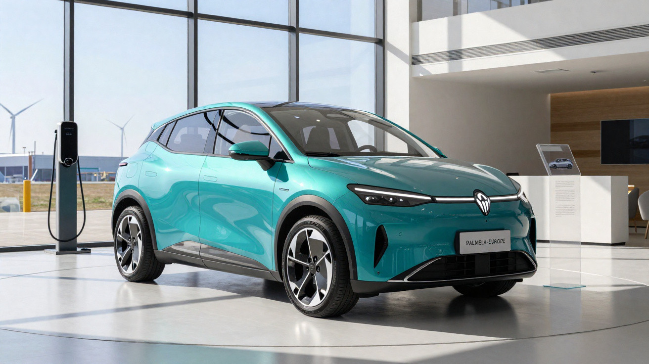 Carro elétrico verde exposto em showroom moderno com parede de vidro e estação de recarga.