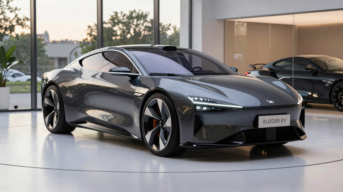 Carro esportivo elétrico cinza brilhante em showroom com luz natural e piso branco.