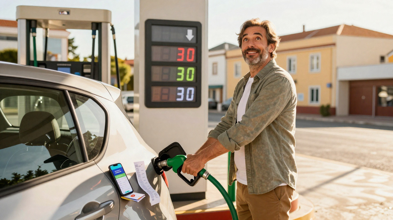 Homem sorrindo abastecendo carro em posto de gasolina com foco nos preços ao fundo.