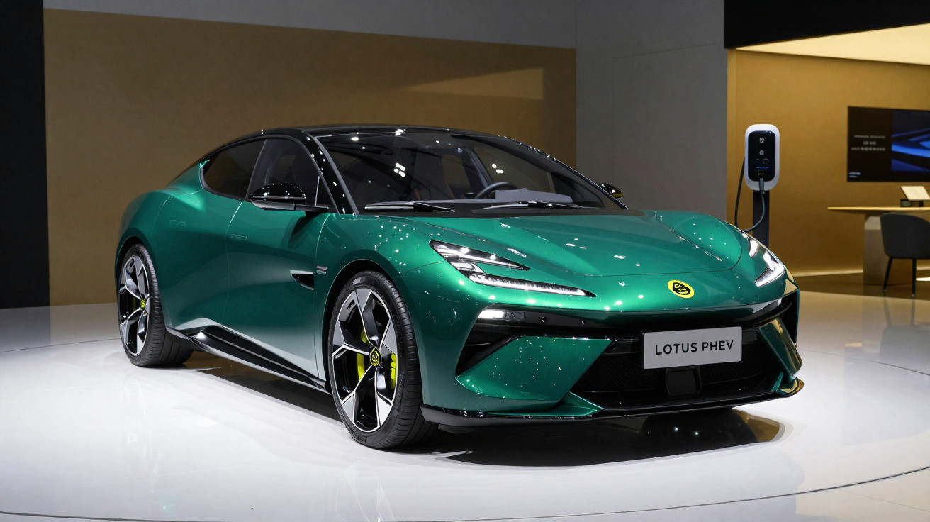 Carro esportivo elétrico Lotus PHEV verde exibido em estande com carregador ao fundo.