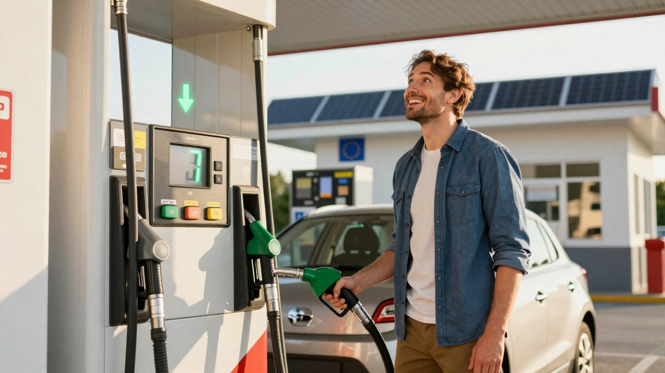 Homem sorridente abastecendo carro em posto de gasolina ao ar livre durante o dia.