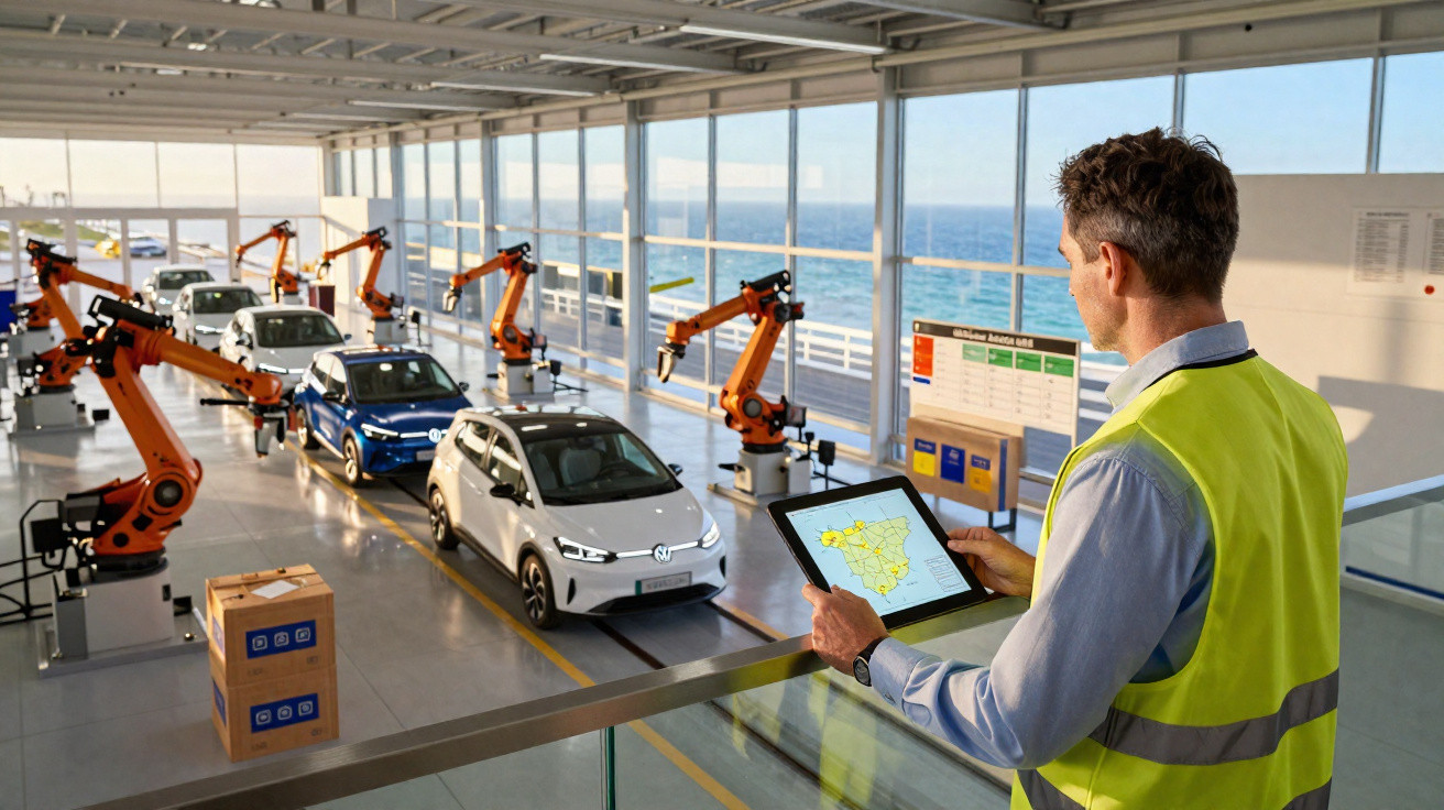 Homem com colete refletivo controla carros elétricos em linha de produção automatizada com robôs industriais.