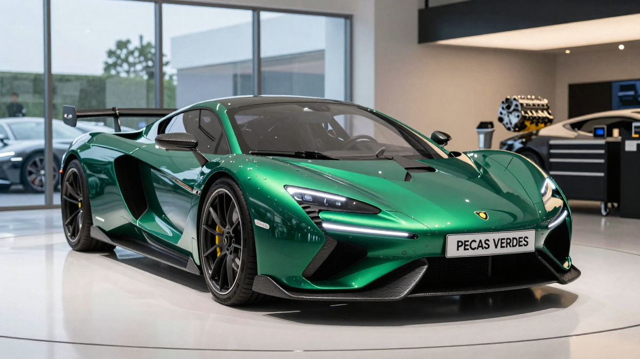 Carro esportivo verde metálico com design aerodinâmico exposto em showroom moderno.