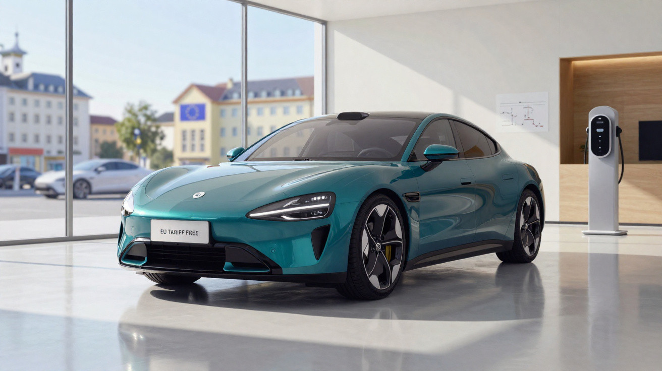 Carro elétrico esportivo verde em showroom moderno com estação de recarga ao lado e vista urbana ao fundo.