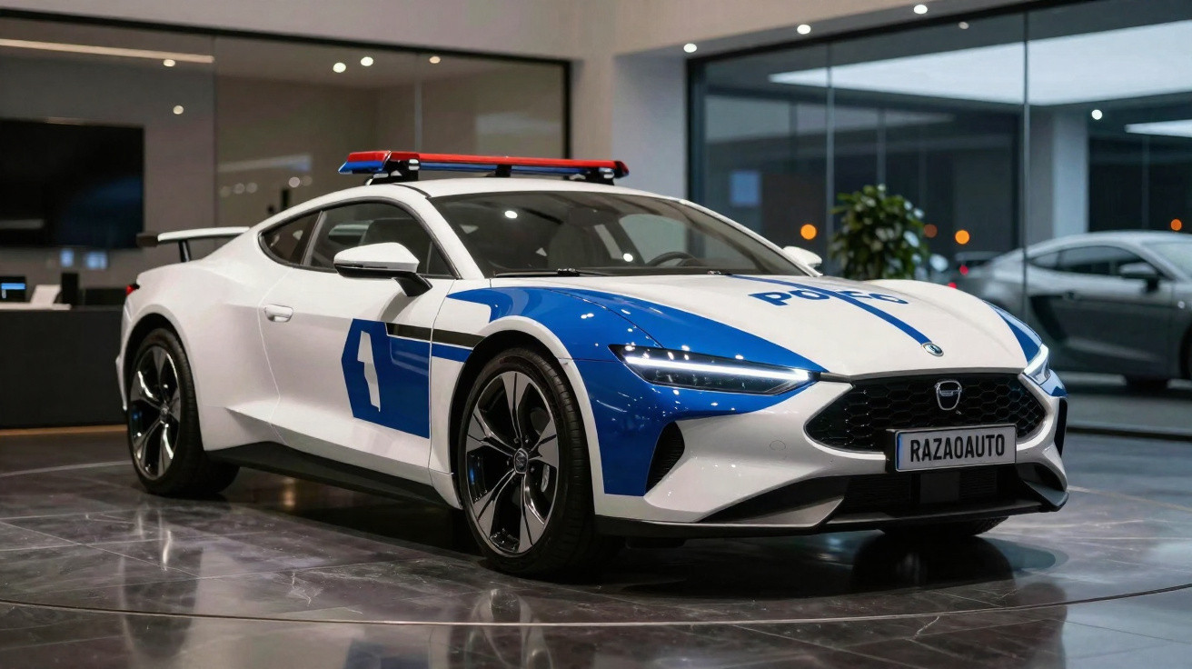 Carro esportivo branco e azul da polícia com sirene vermelha e azul em exposição interna.