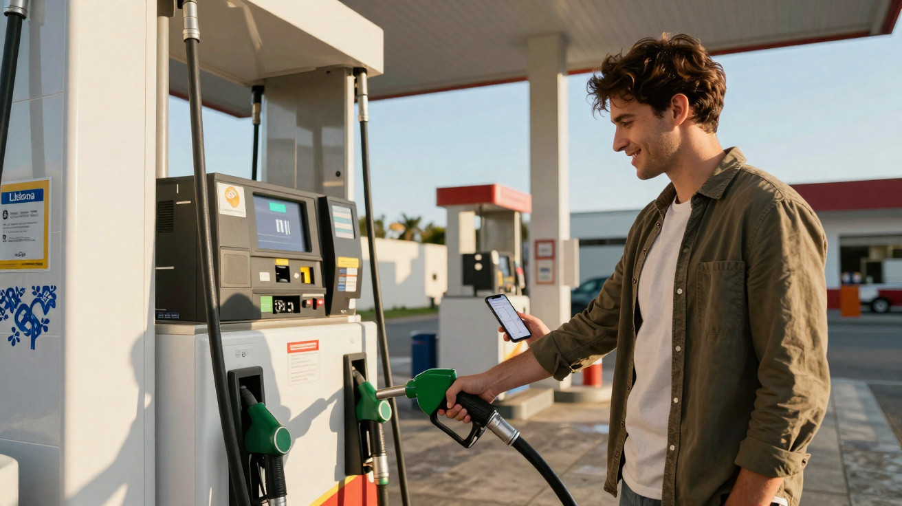 Homem usando smartphone enquanto abastece carro em posto de gasolina ao entardecer.