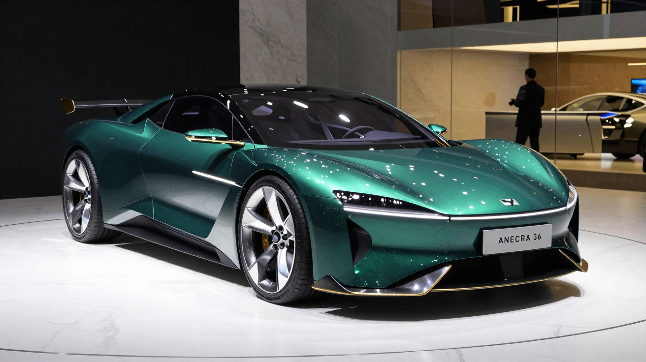 Carro esportivo verde metálico Anecra 36 em exposição em ambiente interno moderno e iluminado.