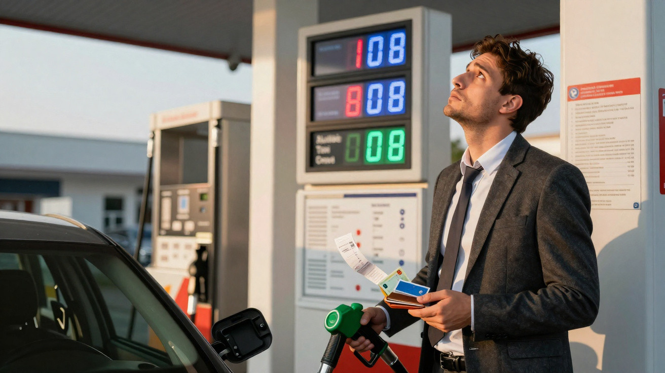 Homem em terno abastece carro e olha para o painel de preços em posto de gasolina.