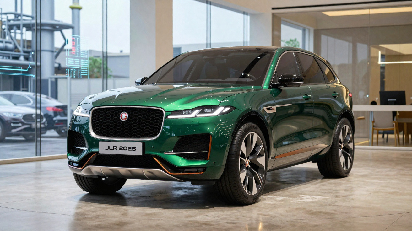 Carro SUV verde metálico Jaguar JLR 2025 em showroom moderno com interior espaçoso e vidros amplos.