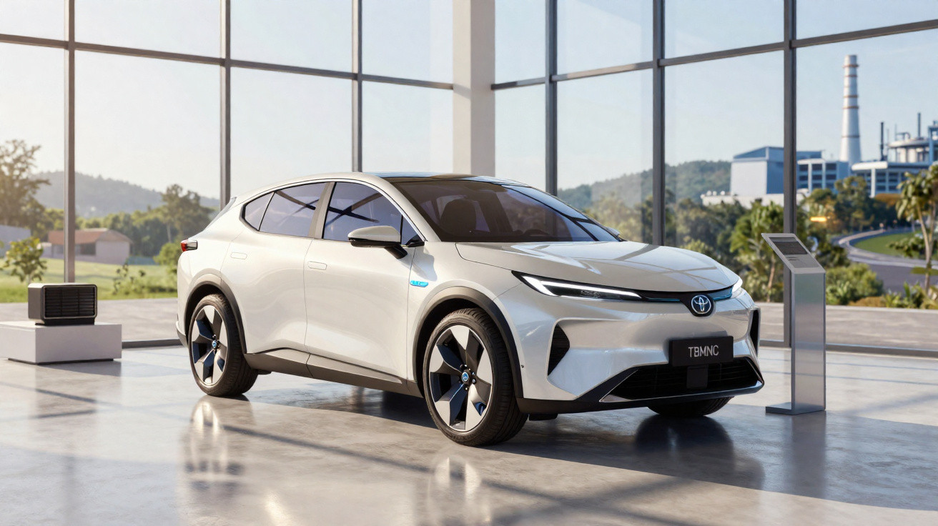 Carro elétrico branco Toyota bZ4X estacionado em showroom moderno com grandes janelas e vista para áreas verdes.