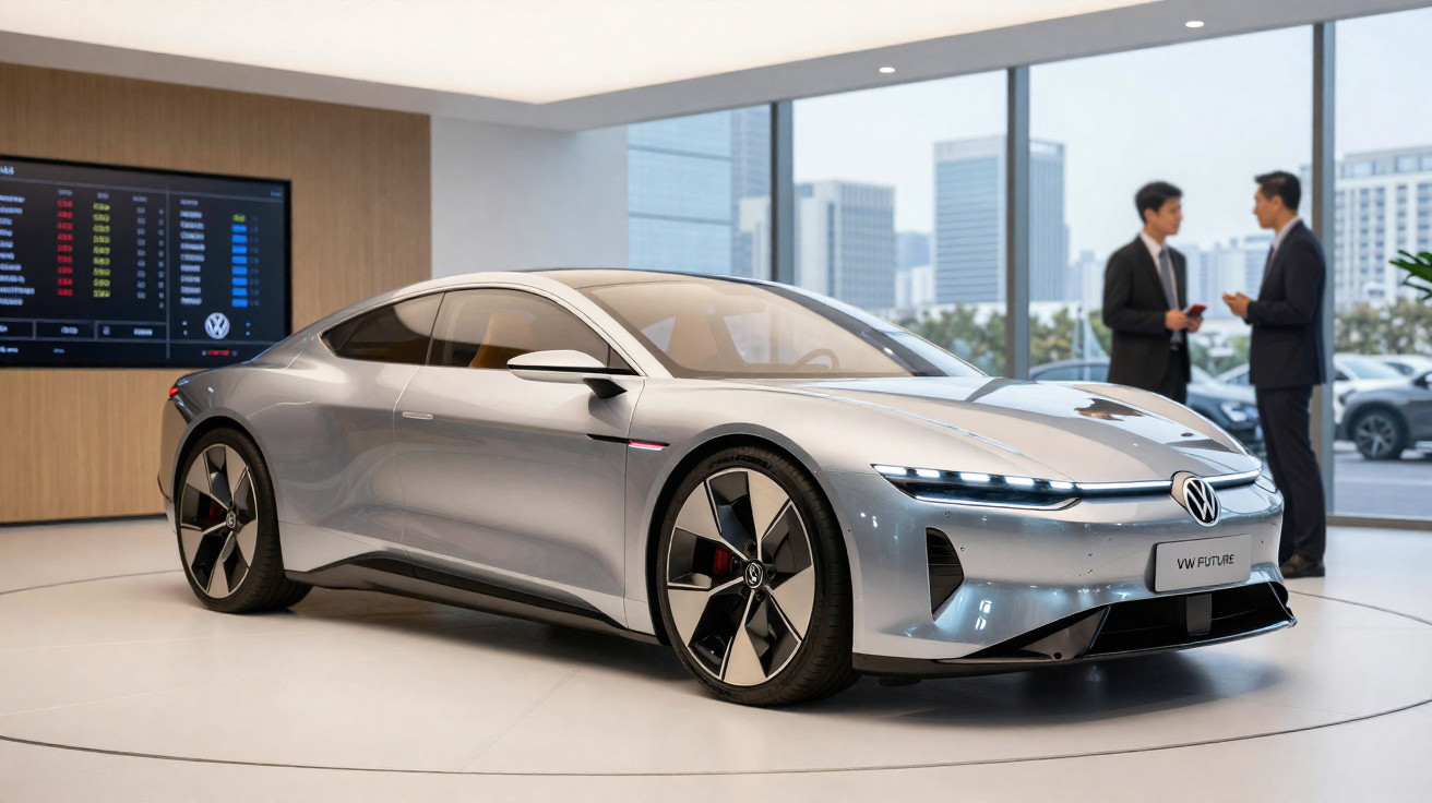Carro elétrico prata Volkswagen VW Future exposto em sala moderna com duas pessoas ao fundo conversando.