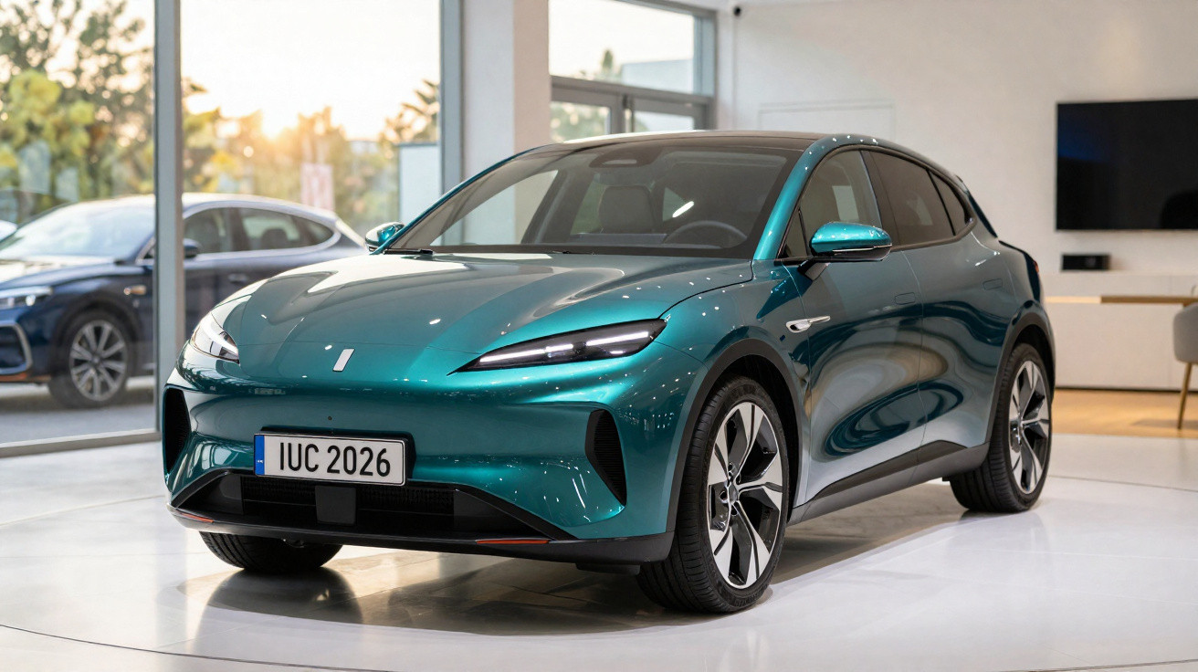 Carro elétrico azul metálico exibido em salão de automóveis com design moderno e linhas aerodinâmicas.