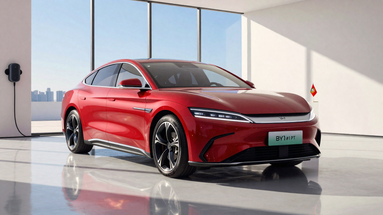 Carro elétrico vermelho modelo sedan estacionado em ambiente minimalista com carregador na parede.