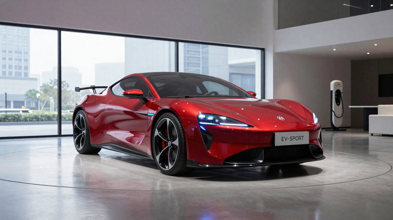 Carro esportivo elétrico vermelho com design moderno em ambiente interno com janela ampla.