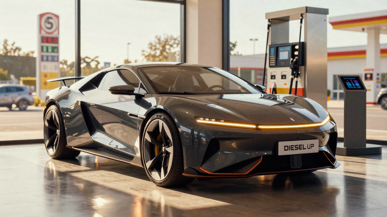 Carro esportivo preto estacionado em posto de combustível com luzes ligadas e placa Diesel Up.