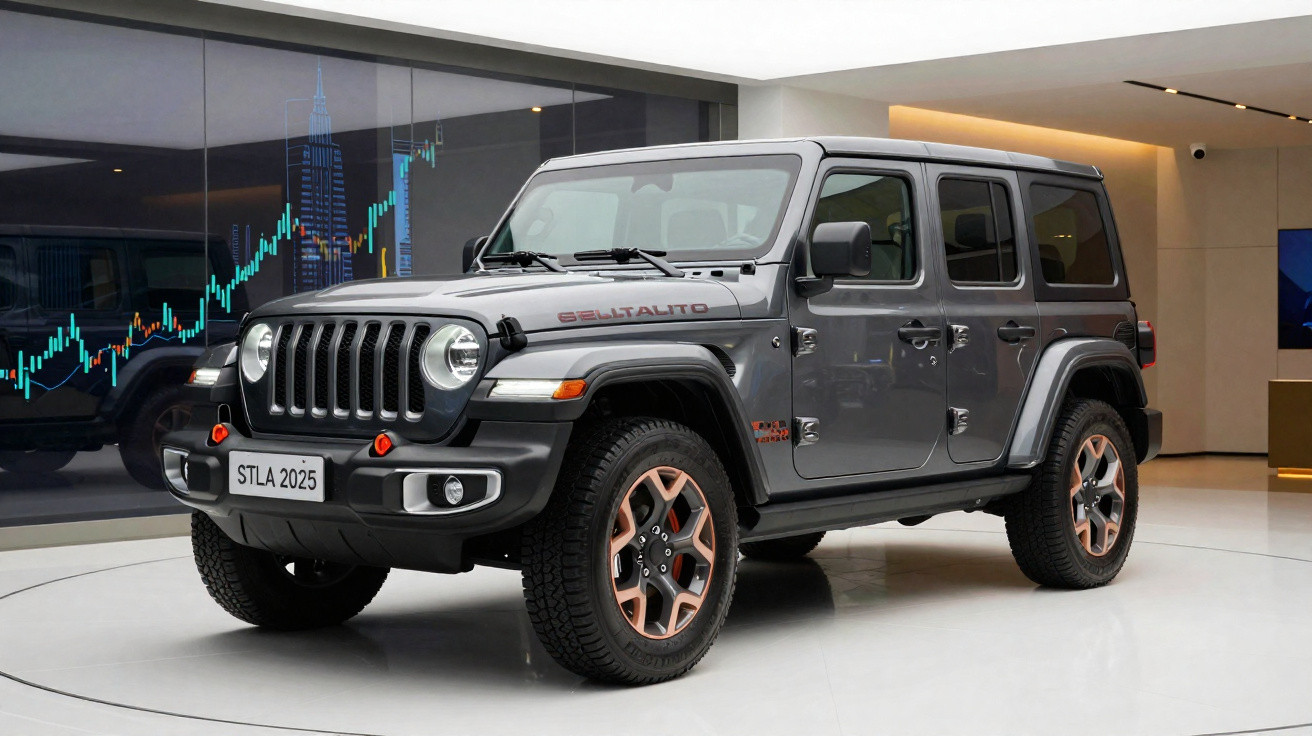 Jeep Séries Limitada prateada exibida em showroom moderno com gráfico digital ao fundo.