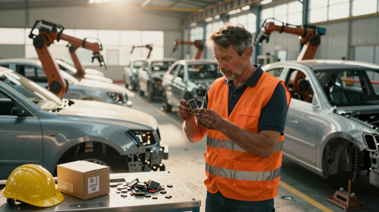 Homem com colete laranja inspeciona peça eletrônica em fábrica de montagem de carros com robôs industriais.