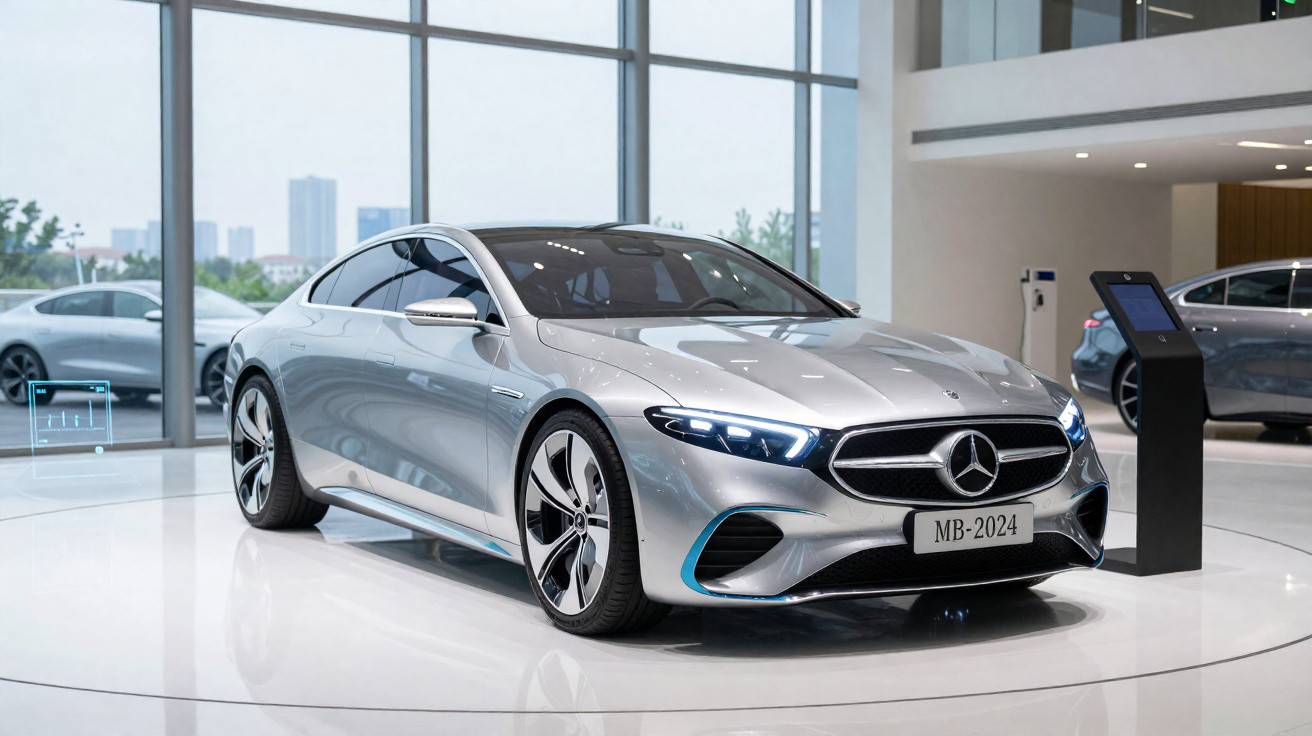Carro esportivo Mercedes-Benz prata elétrico em showroom moderno com vidro e outras exposições ao fundo.