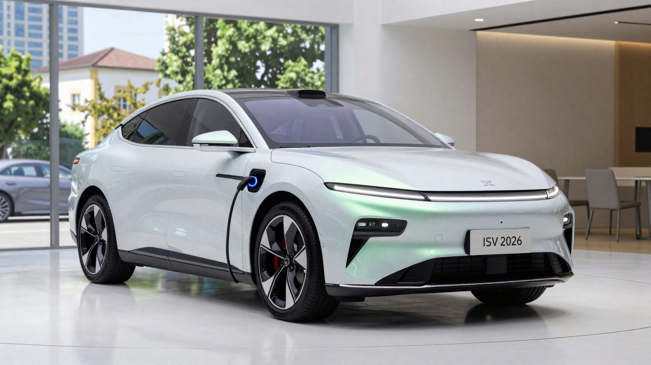 Carro elétrico branco estacionado em ambiente interno, com recarga conectada e design moderno.