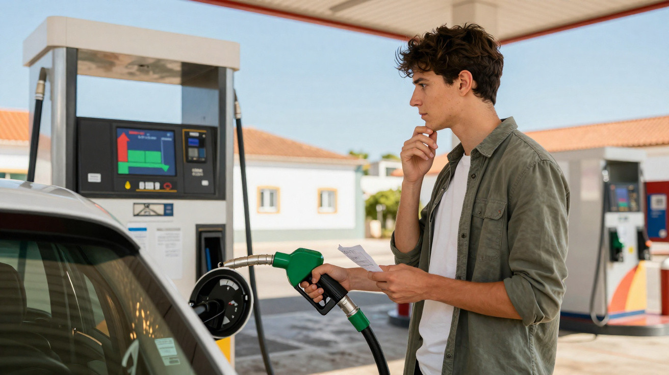Jovem segurando bomba de combustível e olhando para recibo em posto de gasolina.