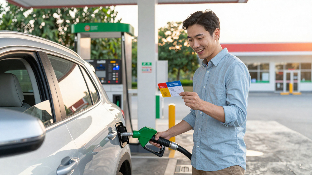 Homem sorridente abastecendo carro com gasolina em posto de combustível olhando para mapa ou panfleto.