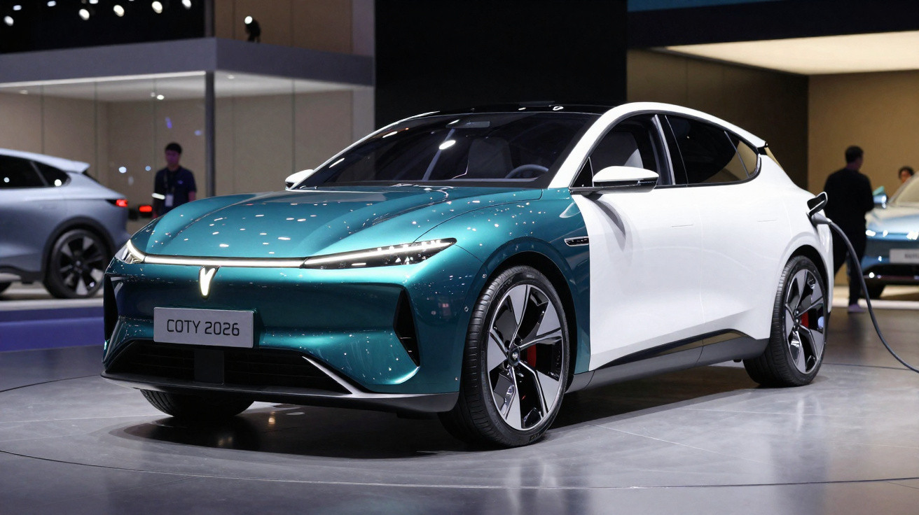 Carro elétrico esportivo azul e branco em exposição, com design moderno e carregando na tomada.