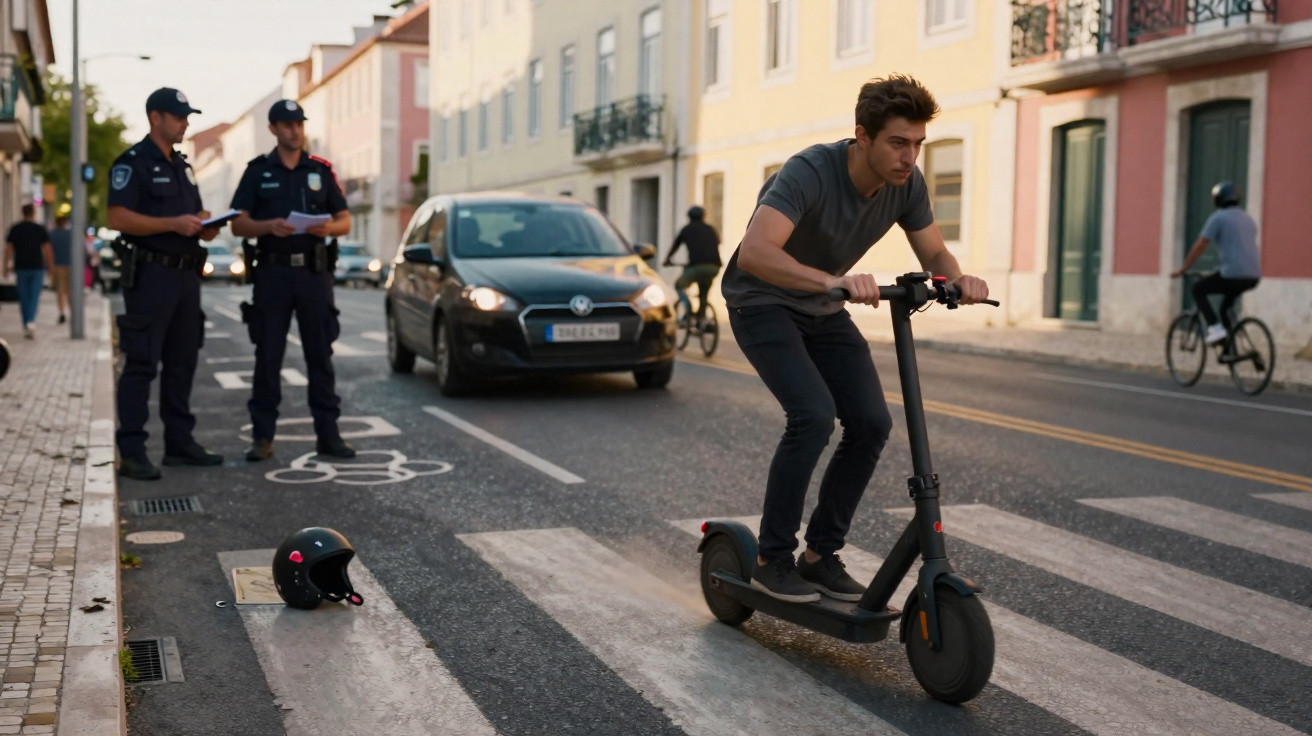 Jovem andando de patinete elétrico na faixa de pedestres, com capacete no chão e policiais ao fundo.