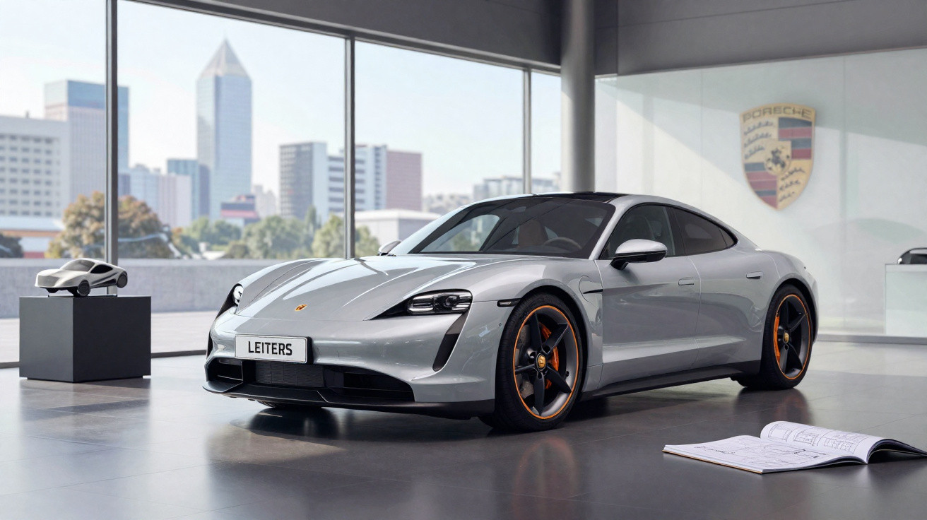 Carro esportivo prata Porsche Taycan em showroom moderno com grandes janelas e vista para a cidade.