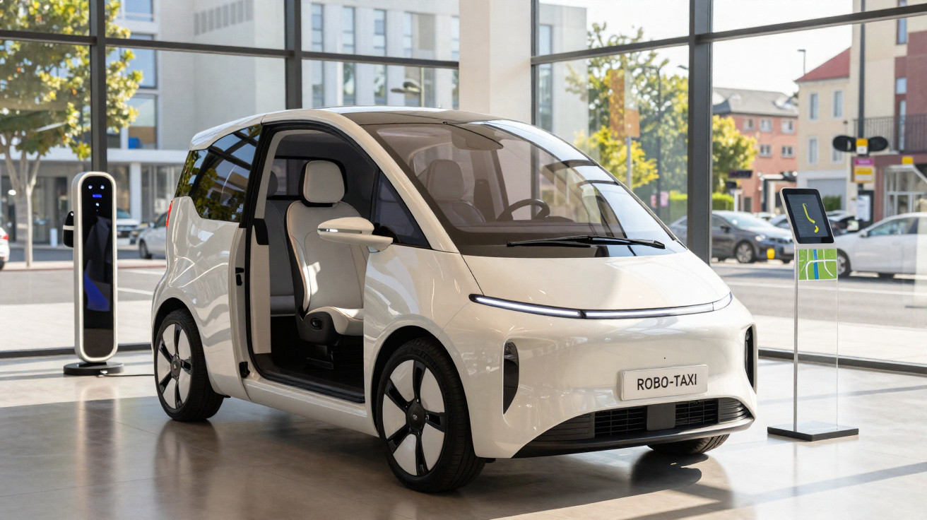 Carro autônomo branco estacionado em showroom, com porta traseira aberta e estação de recarga ao fundo.