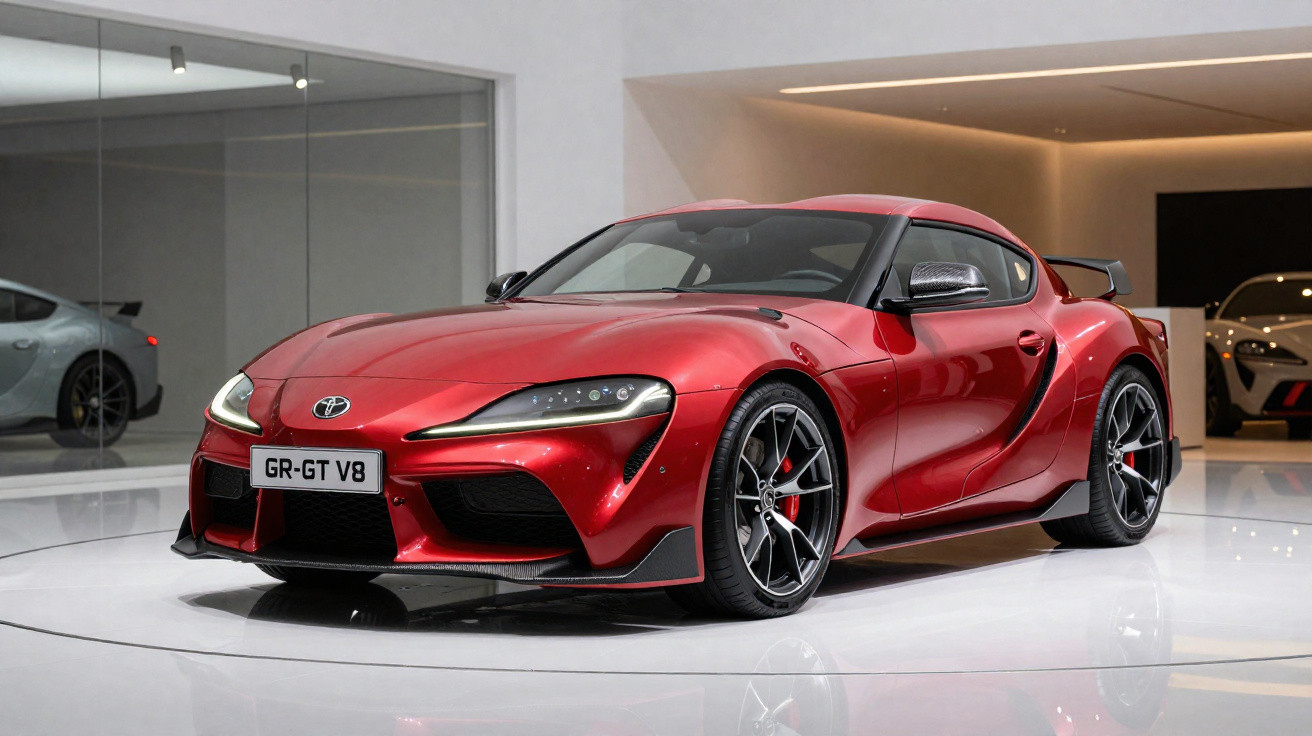 Carro esportivo Toyota GR Supra vermelho em exposição em ambiente moderno e iluminado.