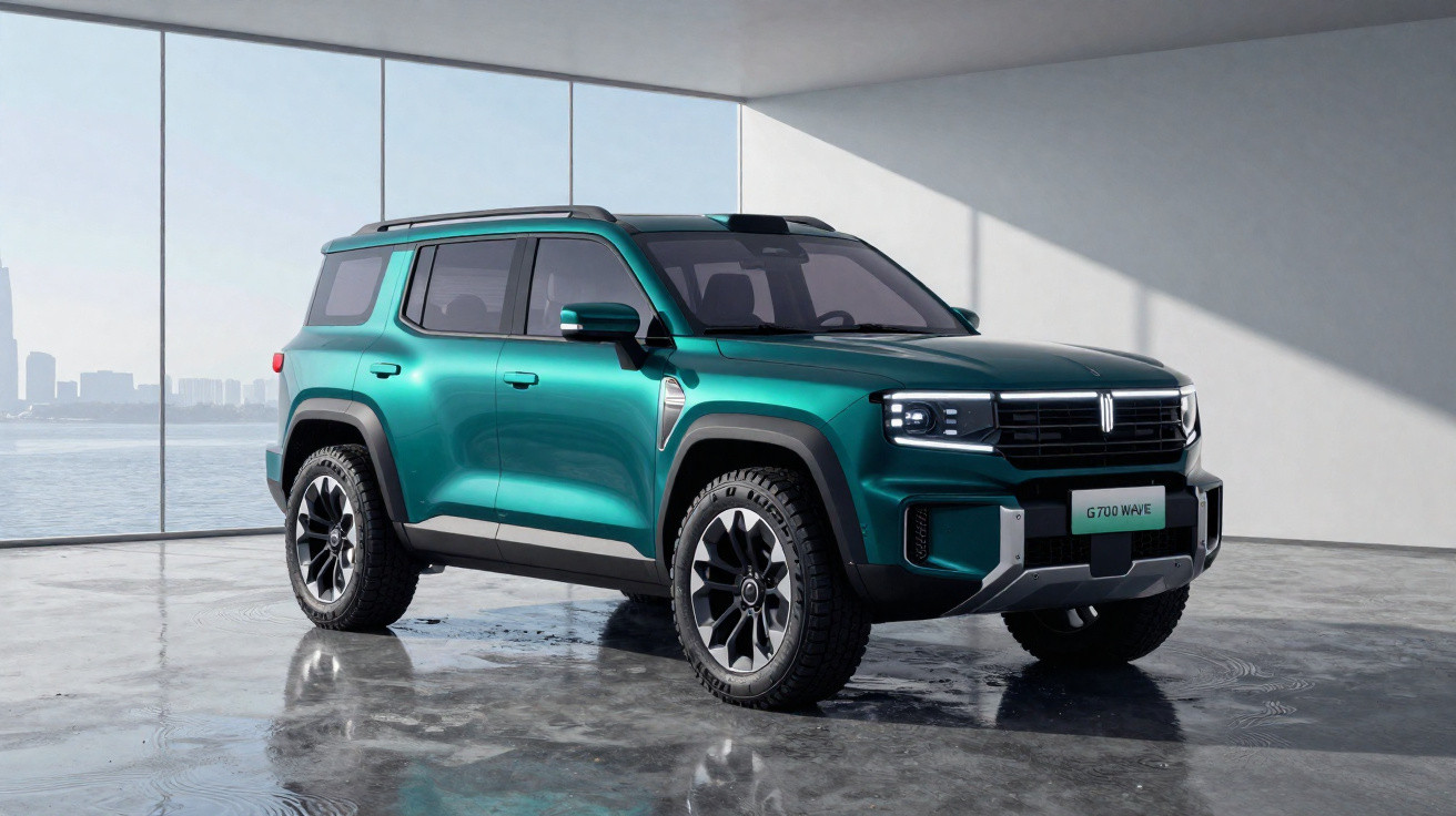 SUV verde metálico estacionado em ambiente interno com parede de vidro ao fundo e chão refletivo.