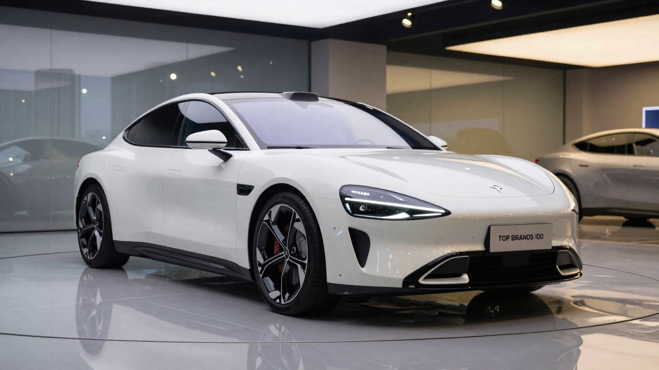 Carro esportivo branco exibido em salão moderno com iluminação de teto e piso espelhado.