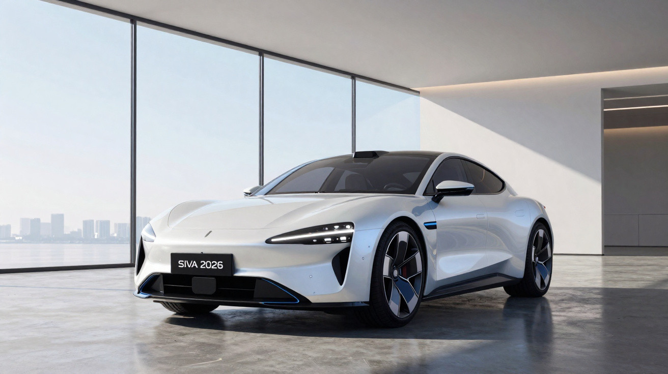 Carro esportivo elétrico branco modelo SIVA 2026 em garagem com parede de vidro e vista urbana.
